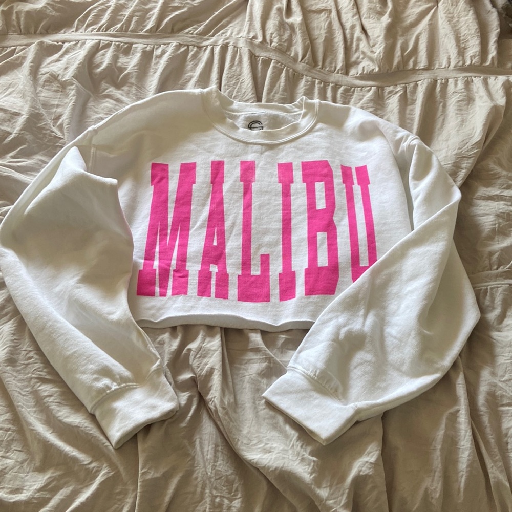 Neon pink and white Malibu cropped crew neck (size L)